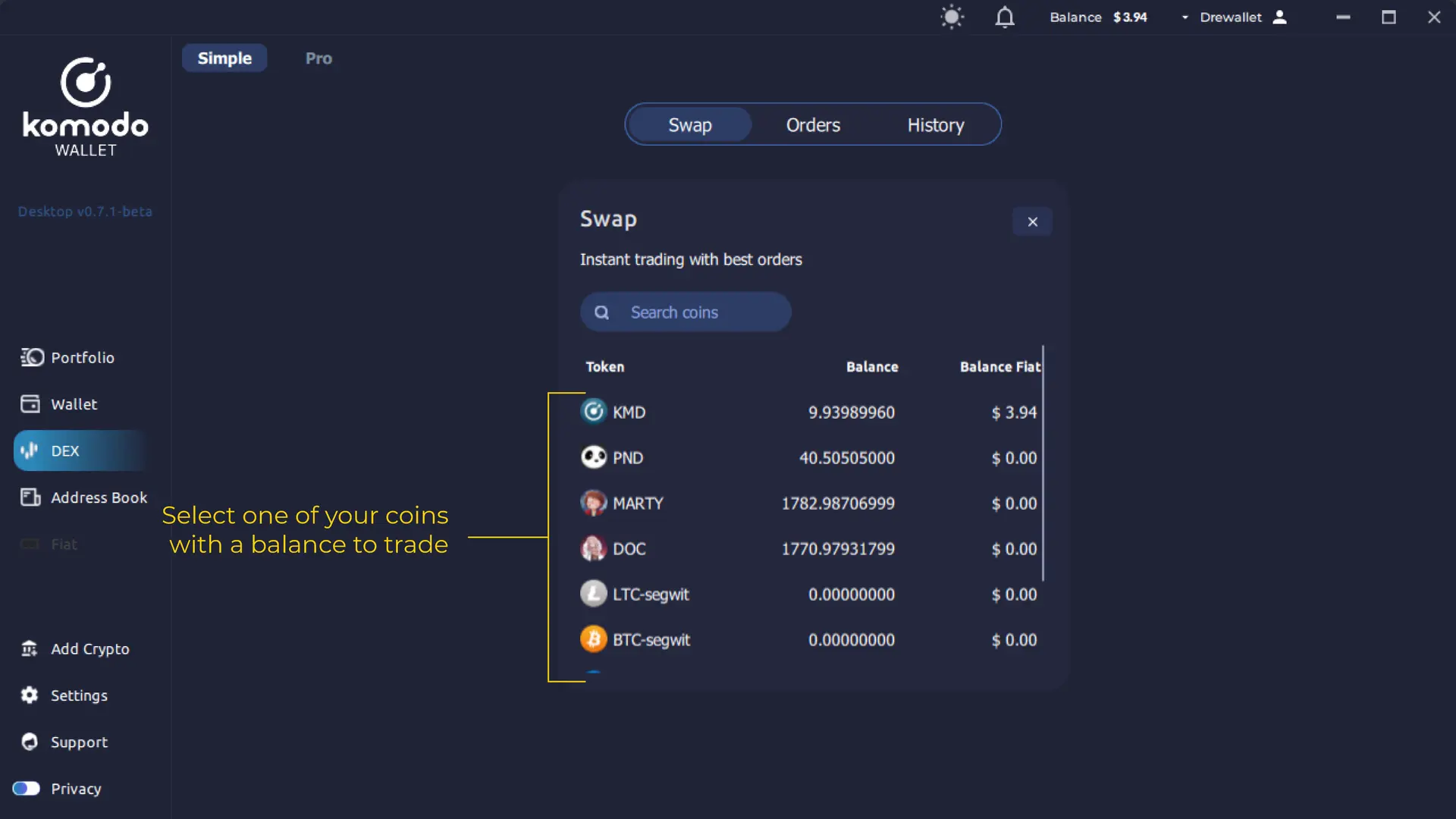 Simple View Trading on Komodo Wallet Desktop